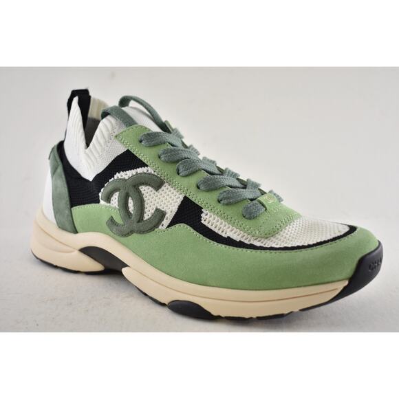 Chanel 22C Mens Green White Black Suede Knit CC Logo Low Trainer Sneaker 44 11 - Picture 5 of 13